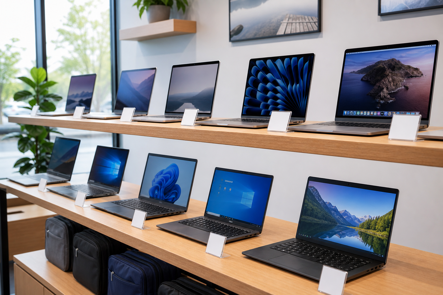 Refurbished laptops on display inside the Computers for Change shop
